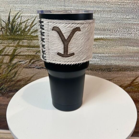 Other - 30oz Black Tumbler with Argentine Cow Leather Cowhide “Y” Cattle Brand Sleeve